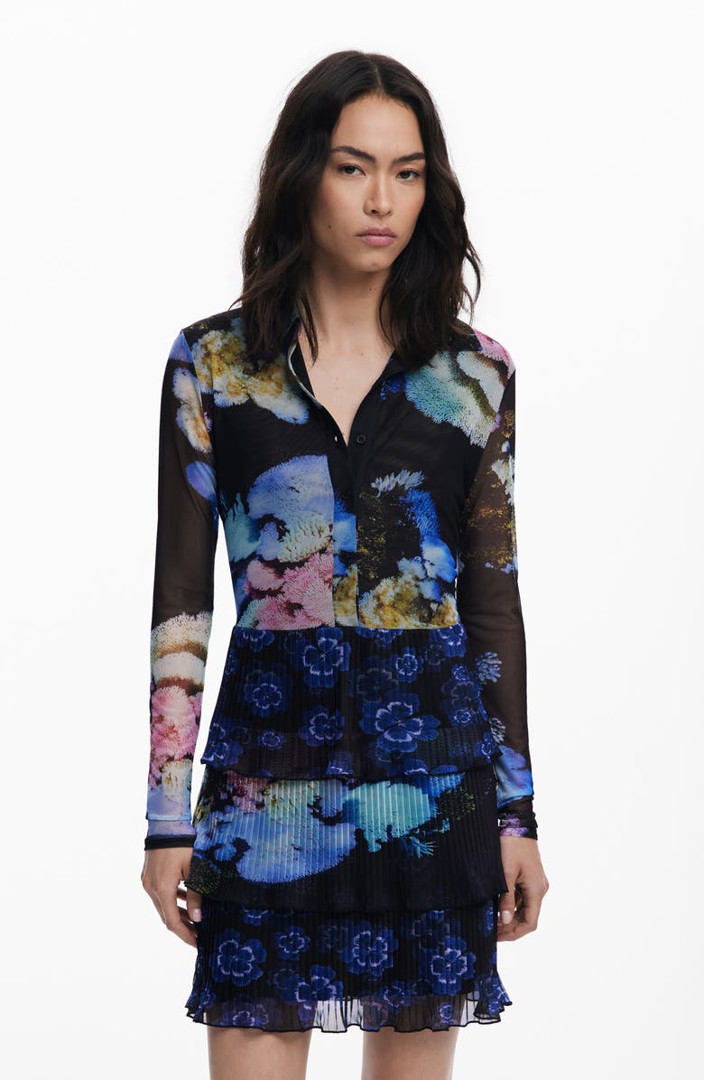 Desigual Lacroix Print Long Sleeve Mixed Media Dress, Alternate, color, Black