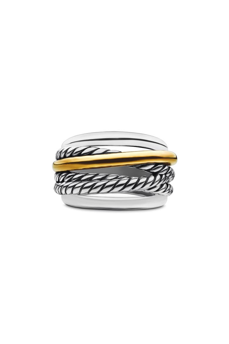 Crossover Narrow Two-Tone Stacked Ring, Main, color, STERLING SILVER/ 14K GOLD
