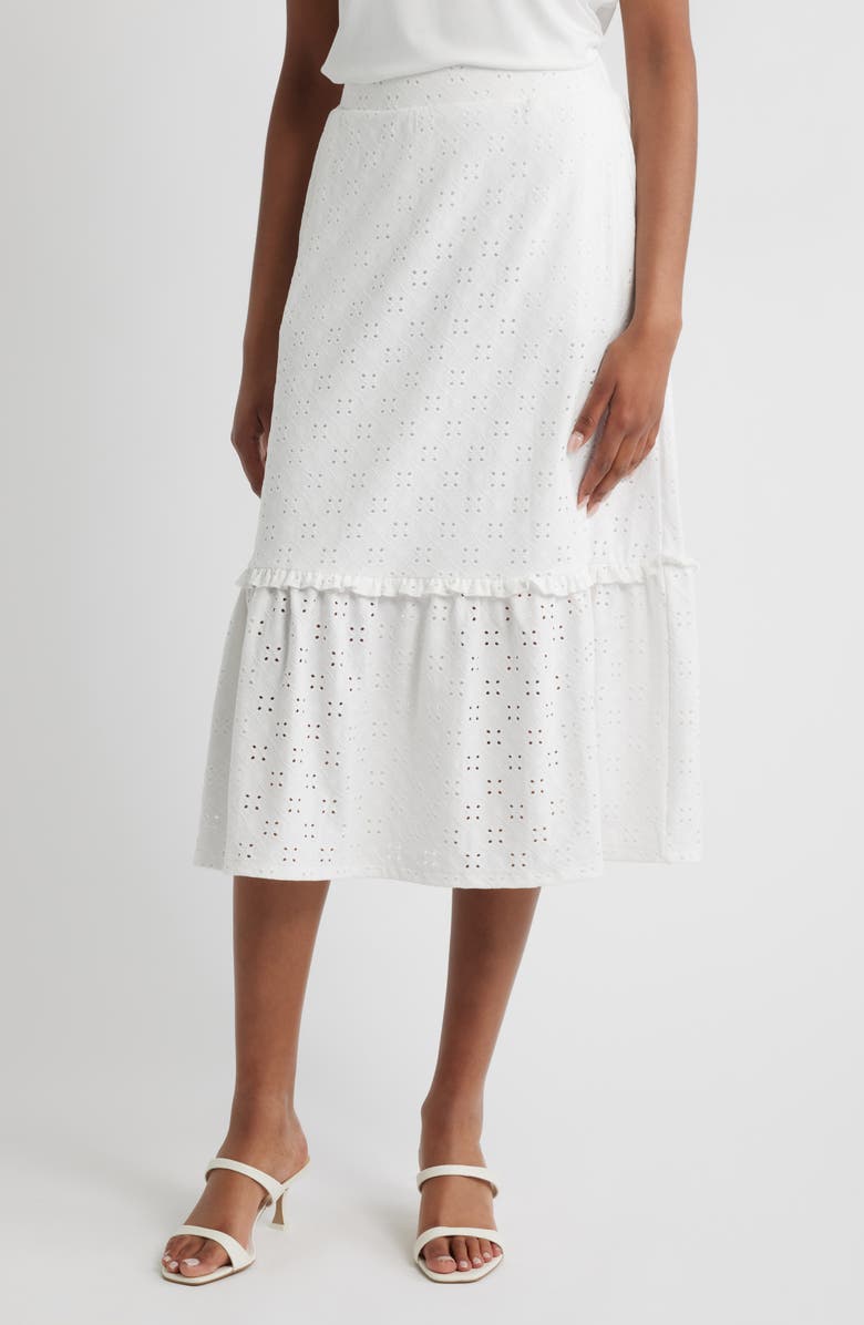 Bobeau Embroidered Eyelet Midi Skirt, Main, color, White