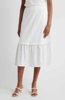 Bobeau Embroidered Eyelet Midi Skirt