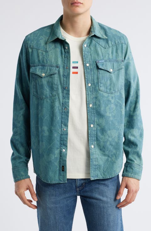 Floral Cotton Denim Western Snap-Up Shirt