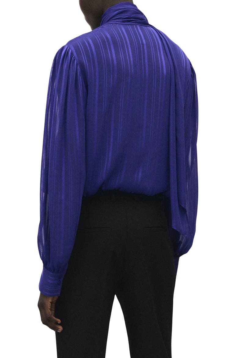 Striped Satin Tie Neck Button Front Top, Alternate, color, BLUE