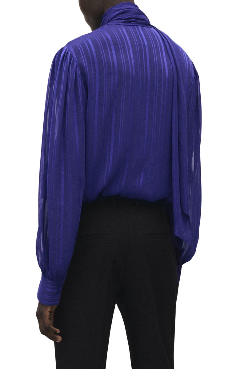 MANGO Striped Satin Tie Neck Button Front Top, Alternate, color, Blue