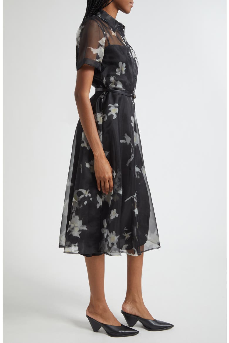 Kiera Print Silk Chiffon Belted Shirtdress, Alternate, color, BLACK INKY FLOWERS