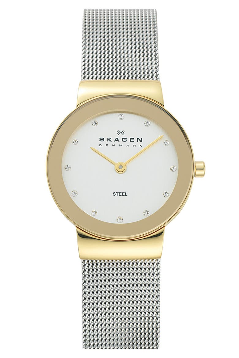 'Freja' Mirror Bezel Mesh Strap Watch, 26mm, Main, color, GOLD/ SILVER