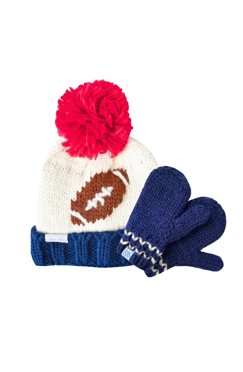 Bits & Bows Football Knit Hat/Mittens Bundle, Main, color, Red/Ivory/Navy