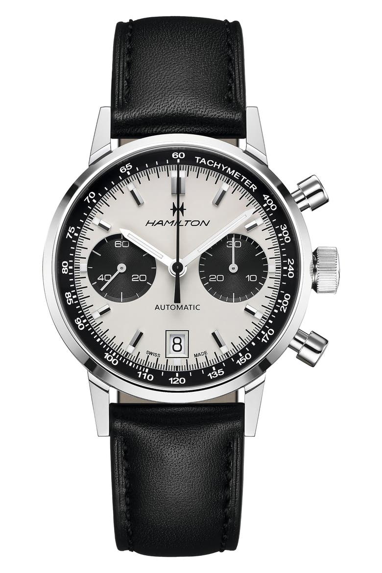American Classic Intra-Matic Automatic Chronograph Leather Strap Watch, 40mm, Main, color, WHITE