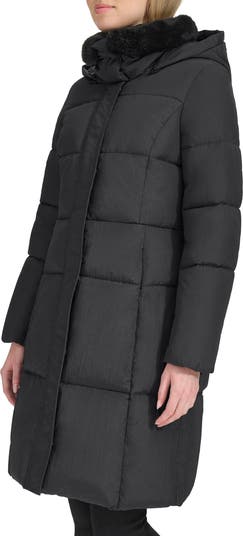 Channel Quilted Shimmer Nylon Puffer Coat with Removable Hood