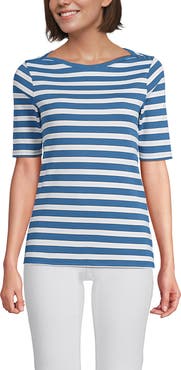 Lands' End Plus Size Supima Cotton Elbow Sleeve Boatneck Button Shoulder Tee