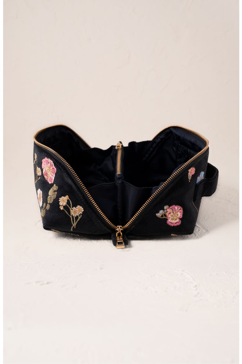 Pressed Flowers Velvet Open Flat Makeup Bag, Alternate, color, Charcoal