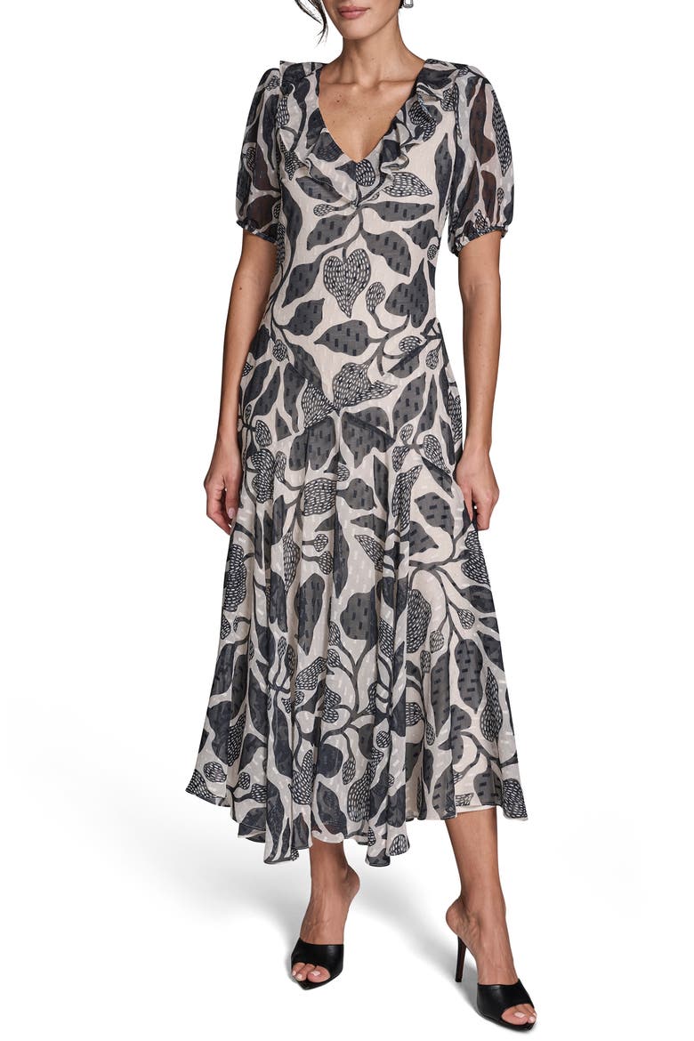 Floral Metallic Clip Dot Maxi Dress, Main, color, BLACK/ WHISPER