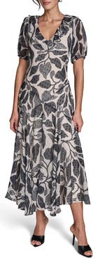 BCBG Floral Metallic Clip Dot Maxi Dress
