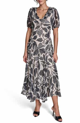 BCBG Floral Metallic Clip Dot Maxi Dress