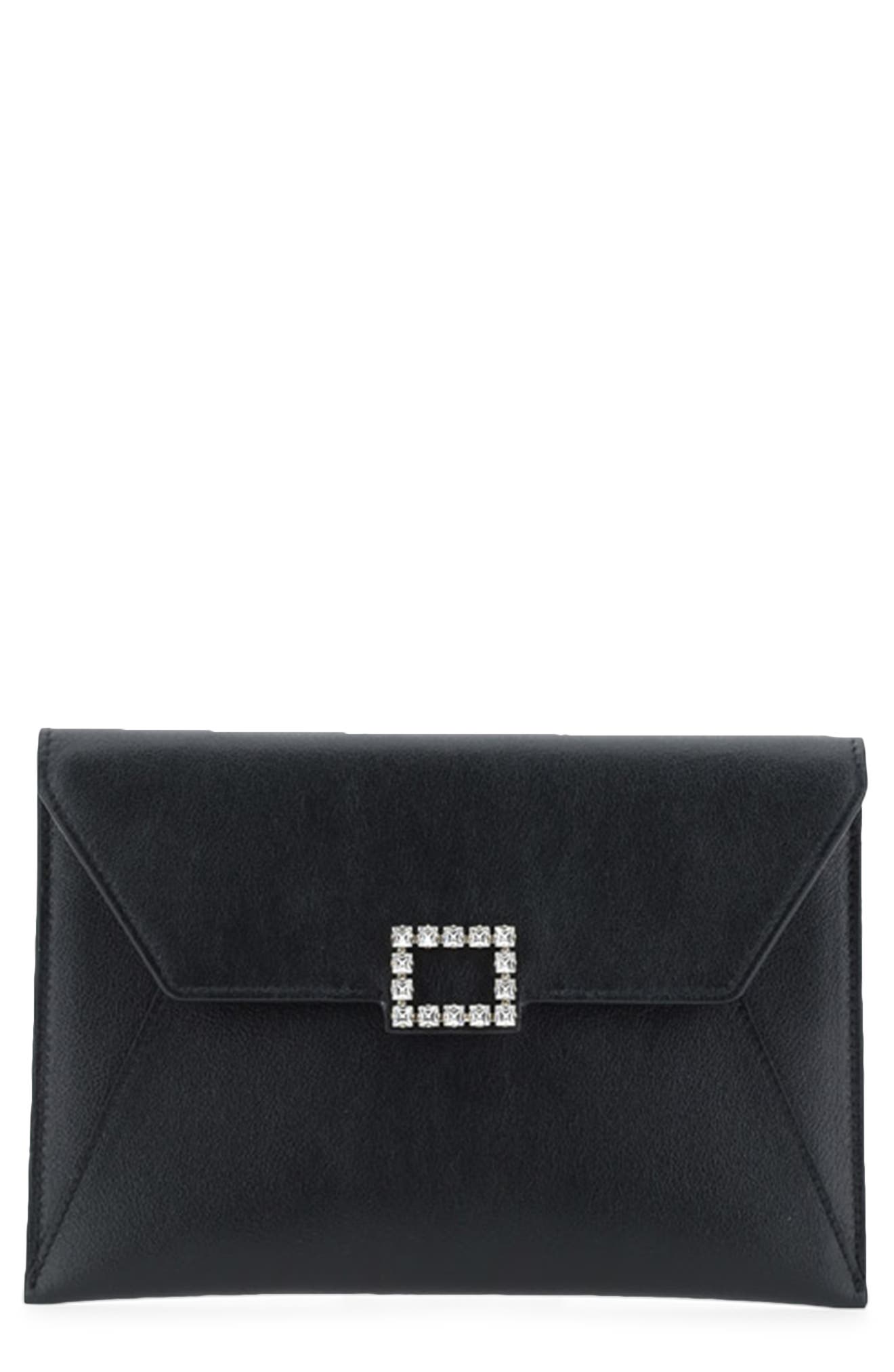 Roger Vivier Small Très Vivier Croc Embossed Metallic Leather Clutch, Main, color, 