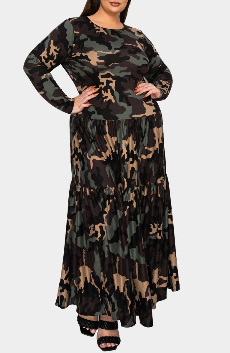 L I V D Silvestra Camo Long Sleeve Maxi Dress, Alternate, color, Khaki Charcoal