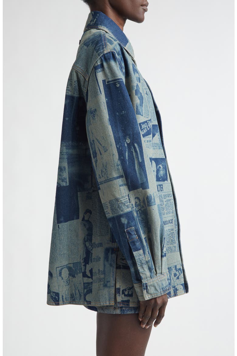 Newspaper Print Denim Button-Up Shirt, Alternate, color, INDIGO/ BEIGE