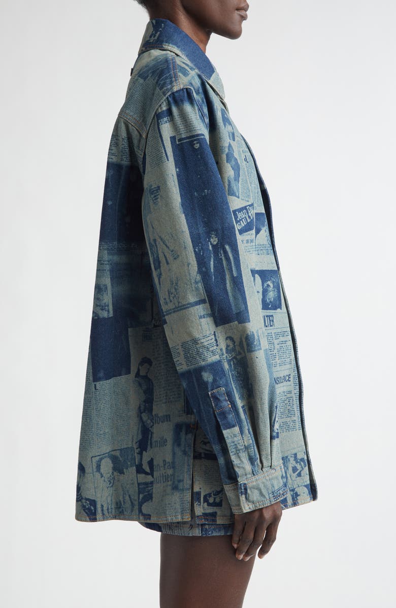 Jean Paul Gaultier Newspaper Print Denim Button-Up Shirt, Alternate, color, Indigo/ Beige