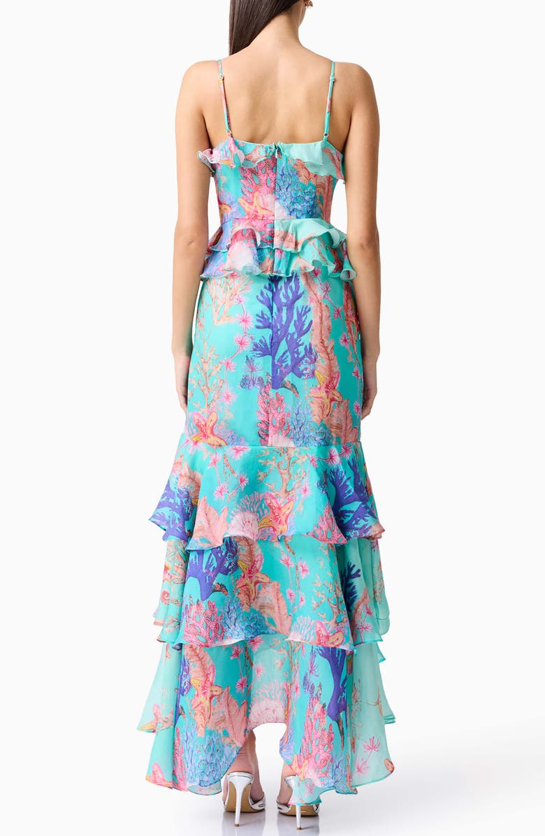 Elliatt Coral Print Tiered High-Low Gown, Alternate, color, Blue Multi
