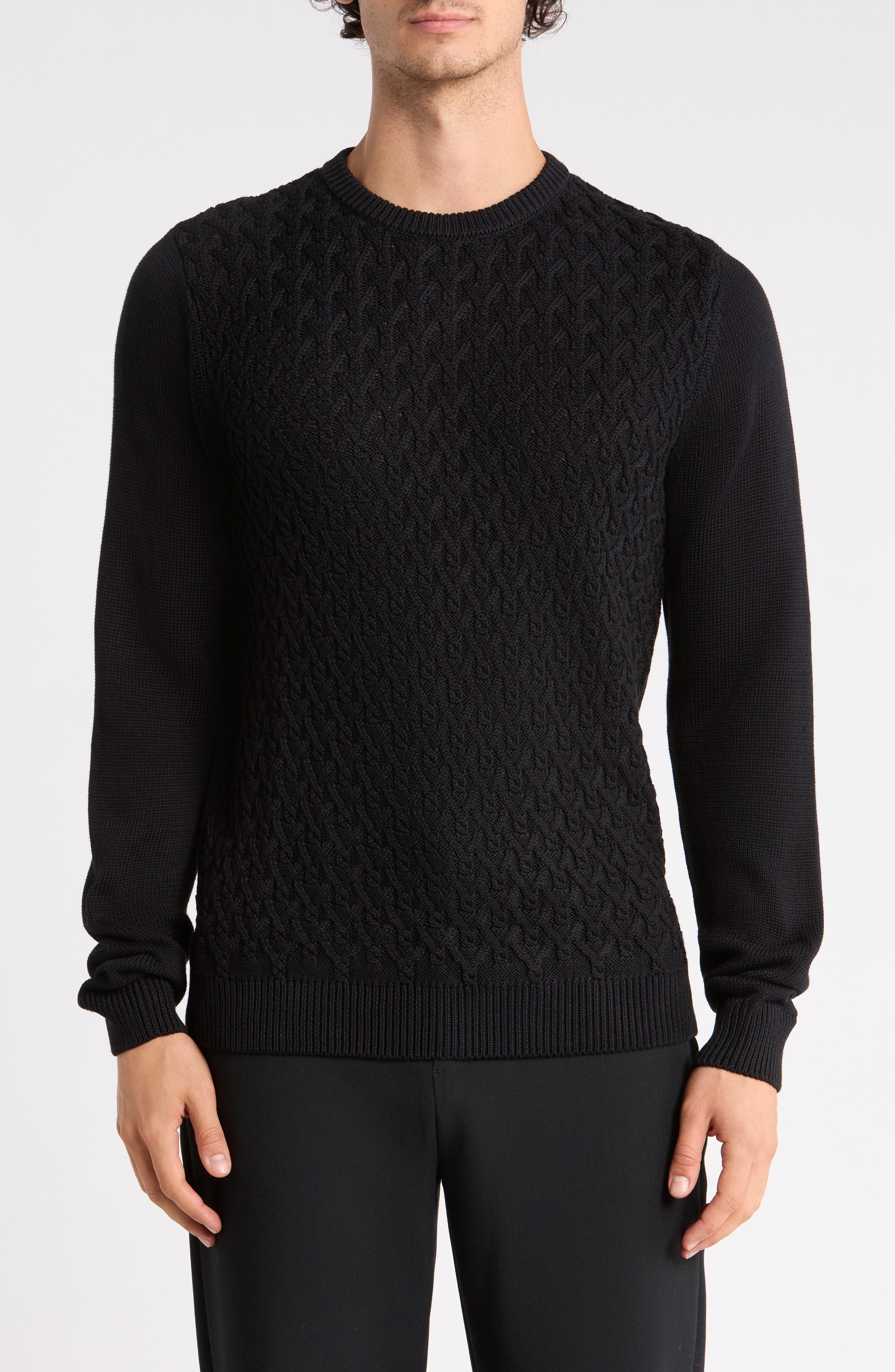 Textured Cable Knit Cotton Crewneck Sweater