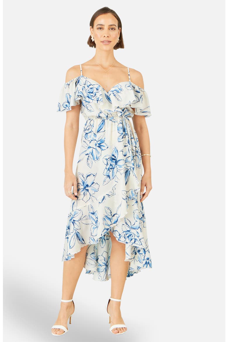 Floral Print Bardot Midi Dress, Main, color, White