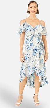 Yumi Floral Print Bardot Midi Dress
