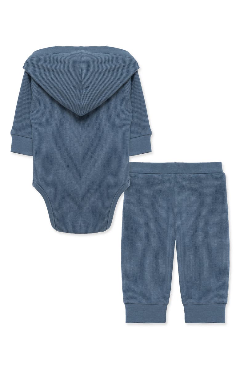 Little Me Waffle Hooded Bodysuit & Pants Set, Alternate, color, Dk Blue