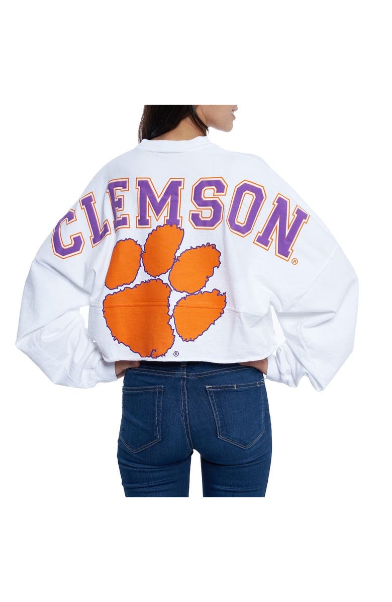 SPIRIT JERSEY Women's White Clemson Tigers Raw Hem Cropped Spirit Jersey Long Sleeve T-Shirt, Alternate, color, White