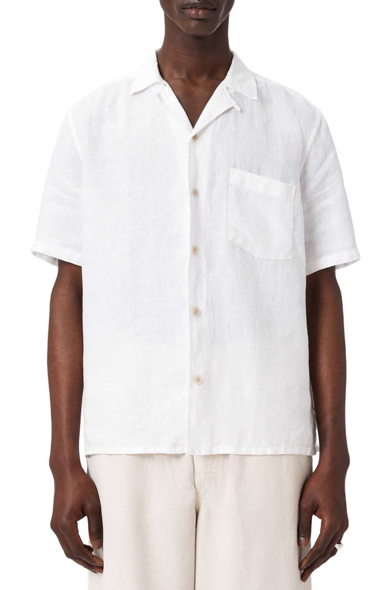 AllSaints Tri Embroidered Linen Camp Shirt, Main, color, Ecru