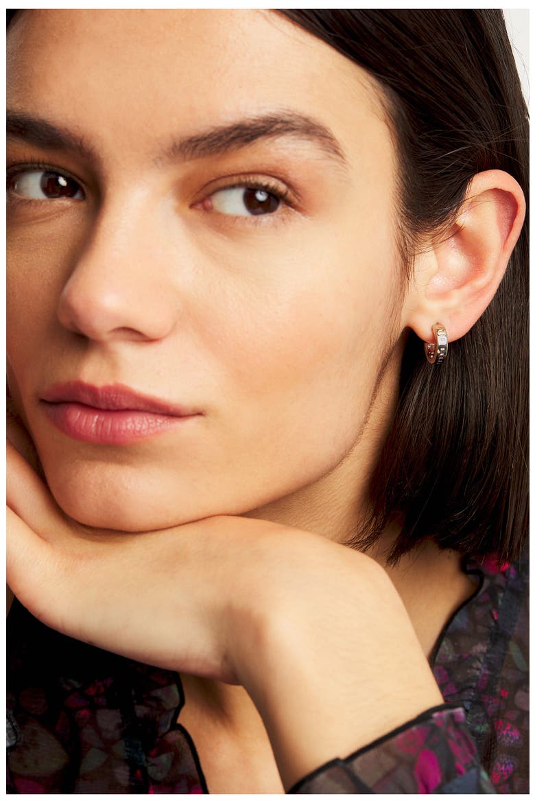 Helanna Nano Logo Huggie Hoop Earrings, Alternate, color, SILVER TONE