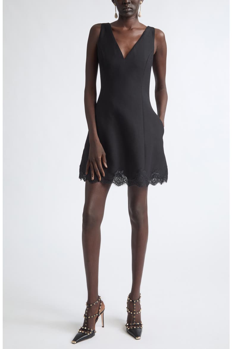 Lace Trim Crepe Minidress, Main, color, BLACK