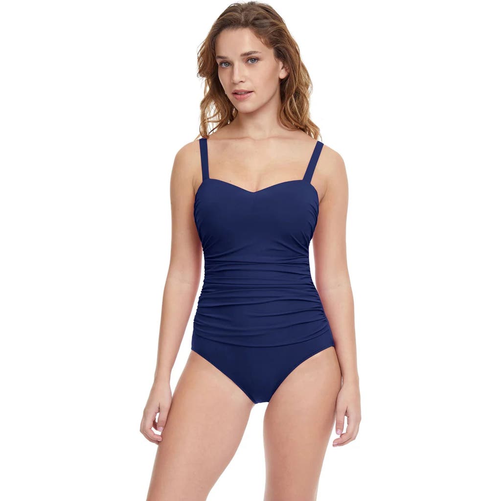 Profile By Gottex Tutti Frutti D-cup Scoop Neck Shirred Underwire One Piece In Blue