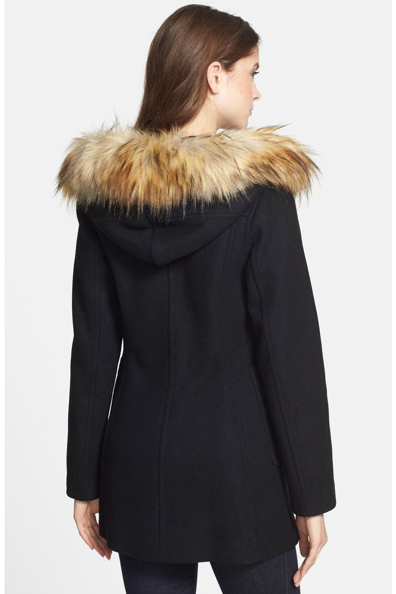 Faux Fur Trim Hooded Wool Blend Duffle Coat, Alternate, color, BLACK