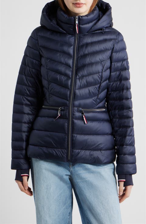 Packable Chevron Puffer Jacket with Hood