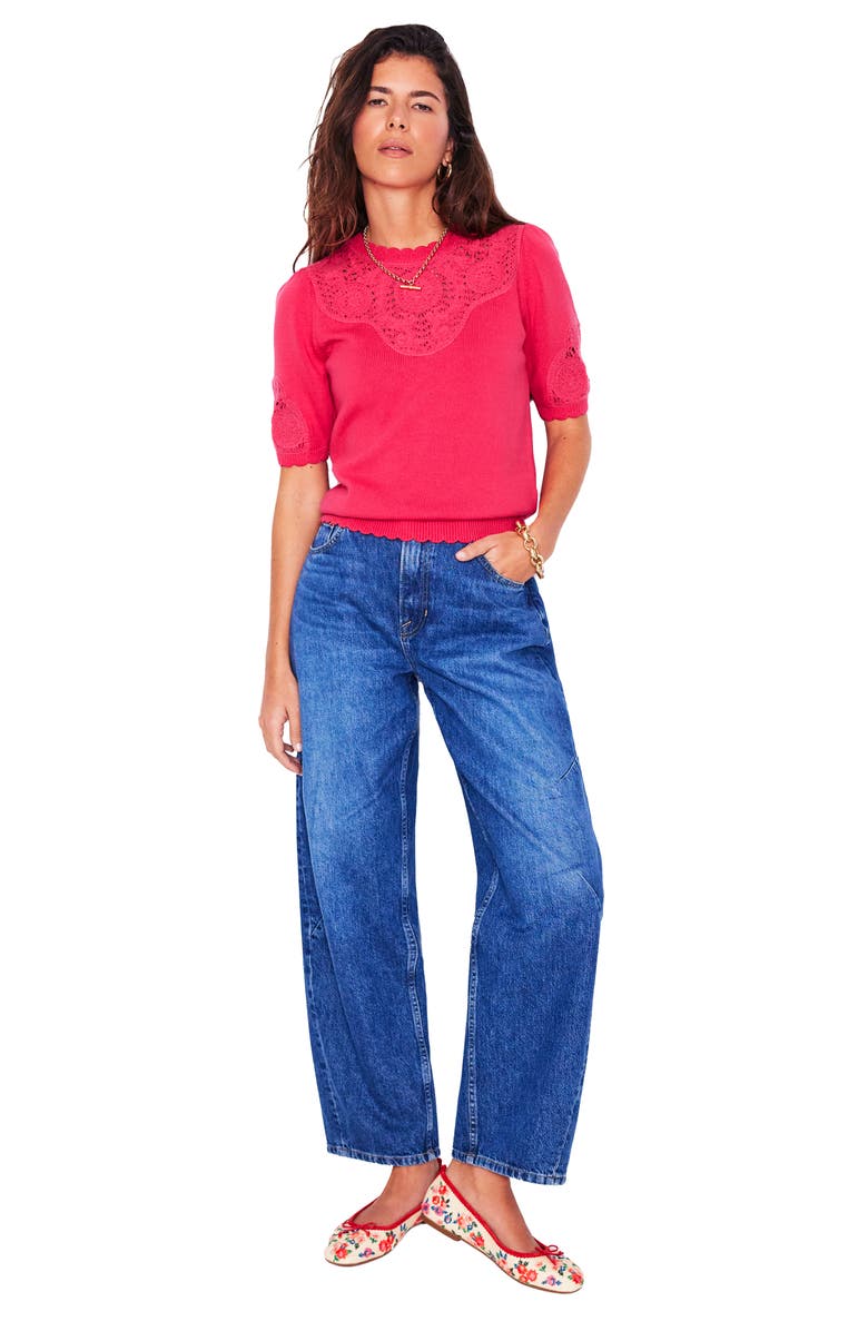 Boden Embroidered Short Sleeve Sweater, Alternate, color, Camelia Pink