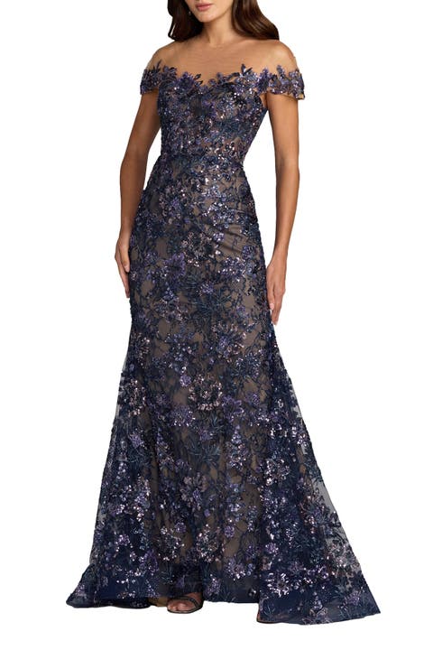 Lace Mesh Illusion Neck Cap Sleeve Trumpet Gown