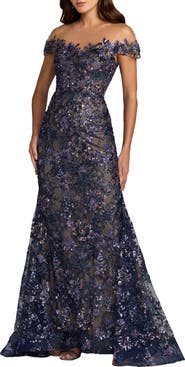 Mac Duggal Lace Mesh Illusion Neck Cap Sleeve Trumpet Gown