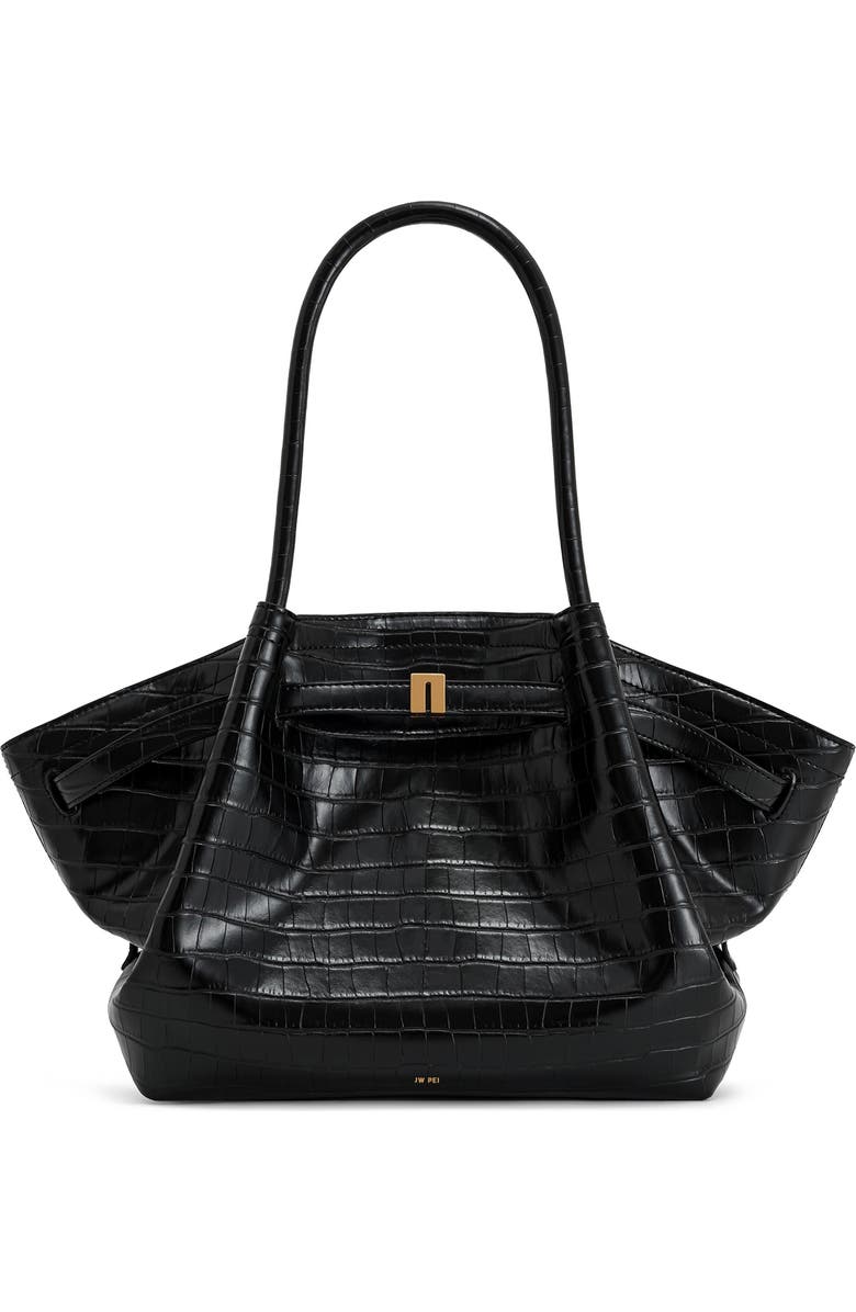 JW PEI Medium Hana Croc Embossed Faux Leather Tote, Main, color, Black Croc