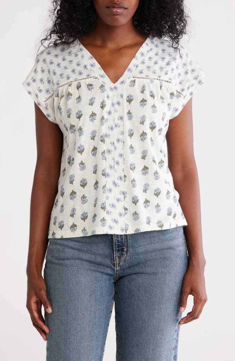 Lucky Brand Mixed Floral Print Split Neck Cotton T-Shirt, Main, color, Cream Combo