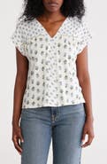 Lucky Brand Mixed Floral Print Split Neck Cotton T-Shirt