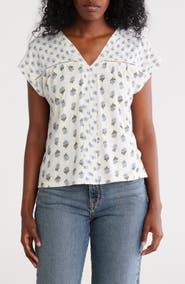 Lucky Brand Mixed Floral Print Split Neck Cotton T-Shirt