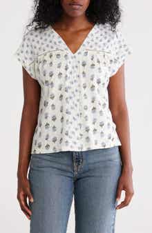 Lucky Brand Mixed Floral Print Split Neck Cotton T-Shirt