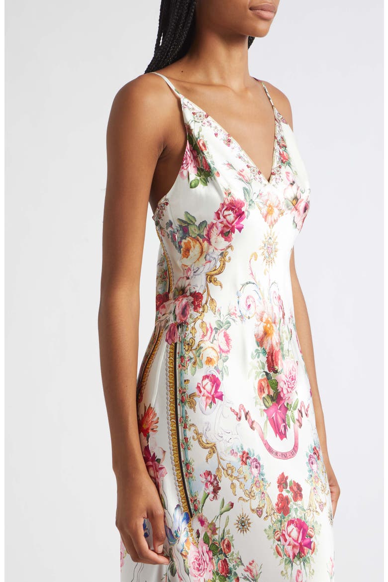 Mixed Print Floral V-Neck Silk Charmeuse Slip Dress, Alternate, color, TORERO LIBERTINE