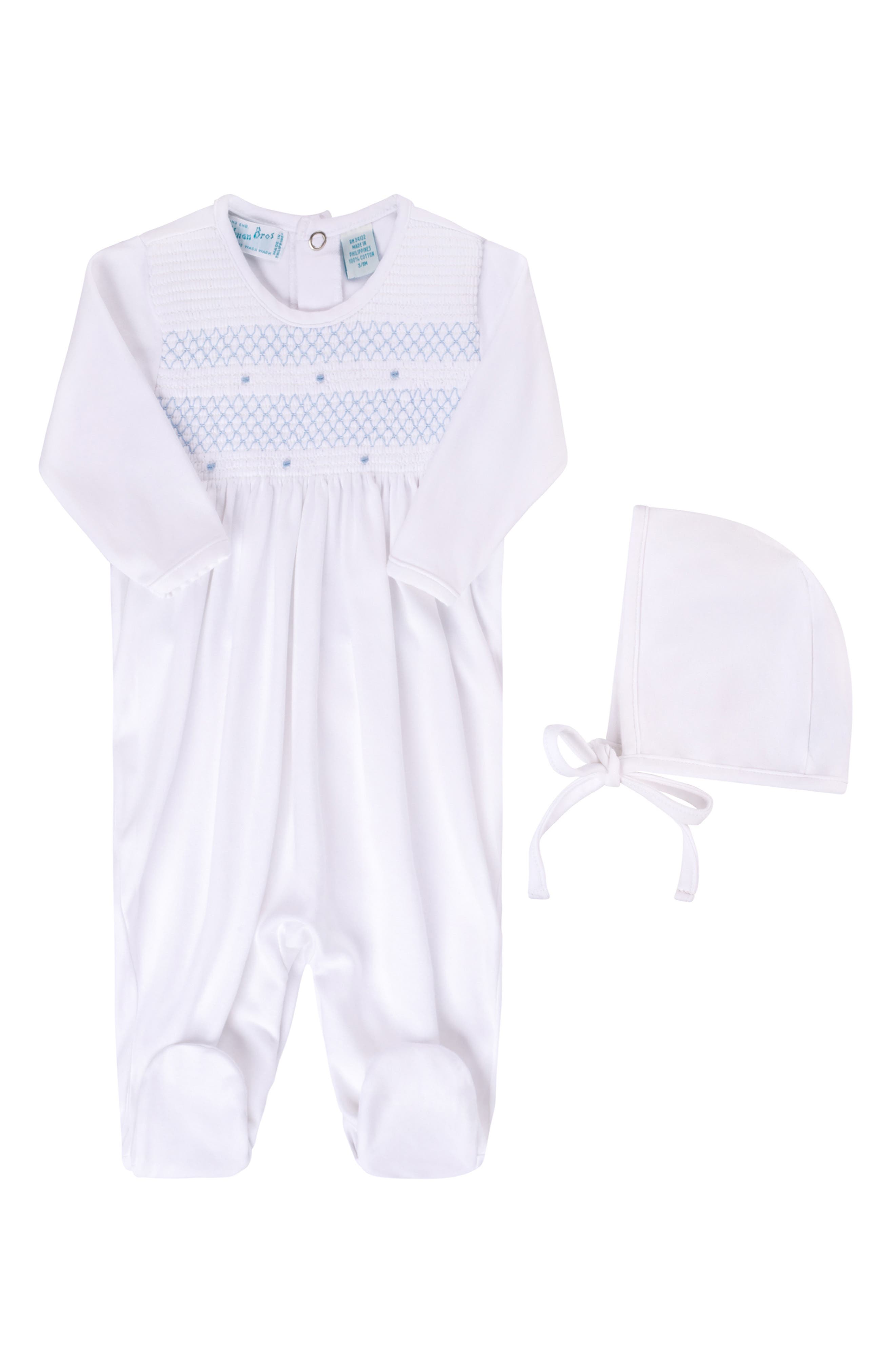 Feltman Brothers Smocked Cotton Footie & Bonnet Set in Blue 