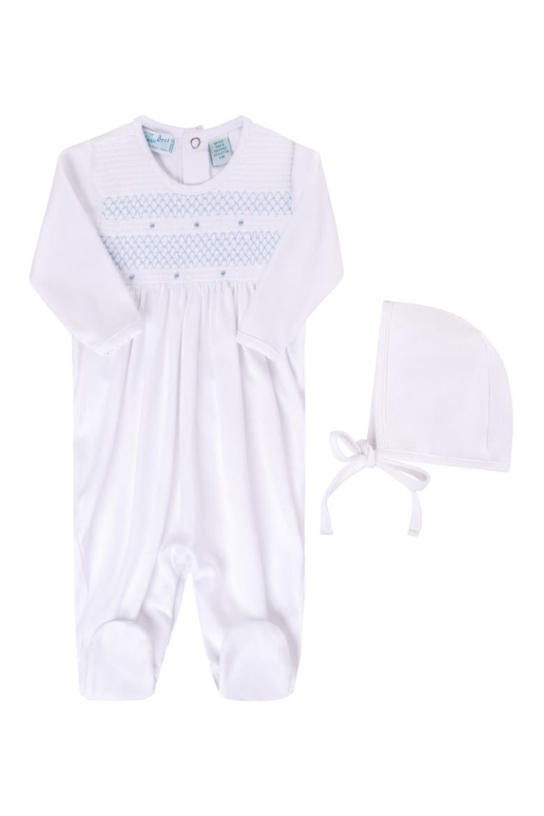 Smocked Cotton Footie & Bonnet Set, Main, color, WHITE/BLUE