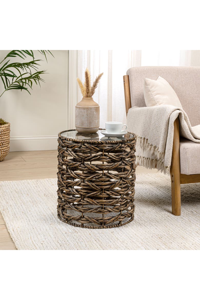 Malaya Bohemian Handwoven Round End Table with Glass Top, Fully Assembled Open Weave Accent Side Table, Alternate, color, Brown