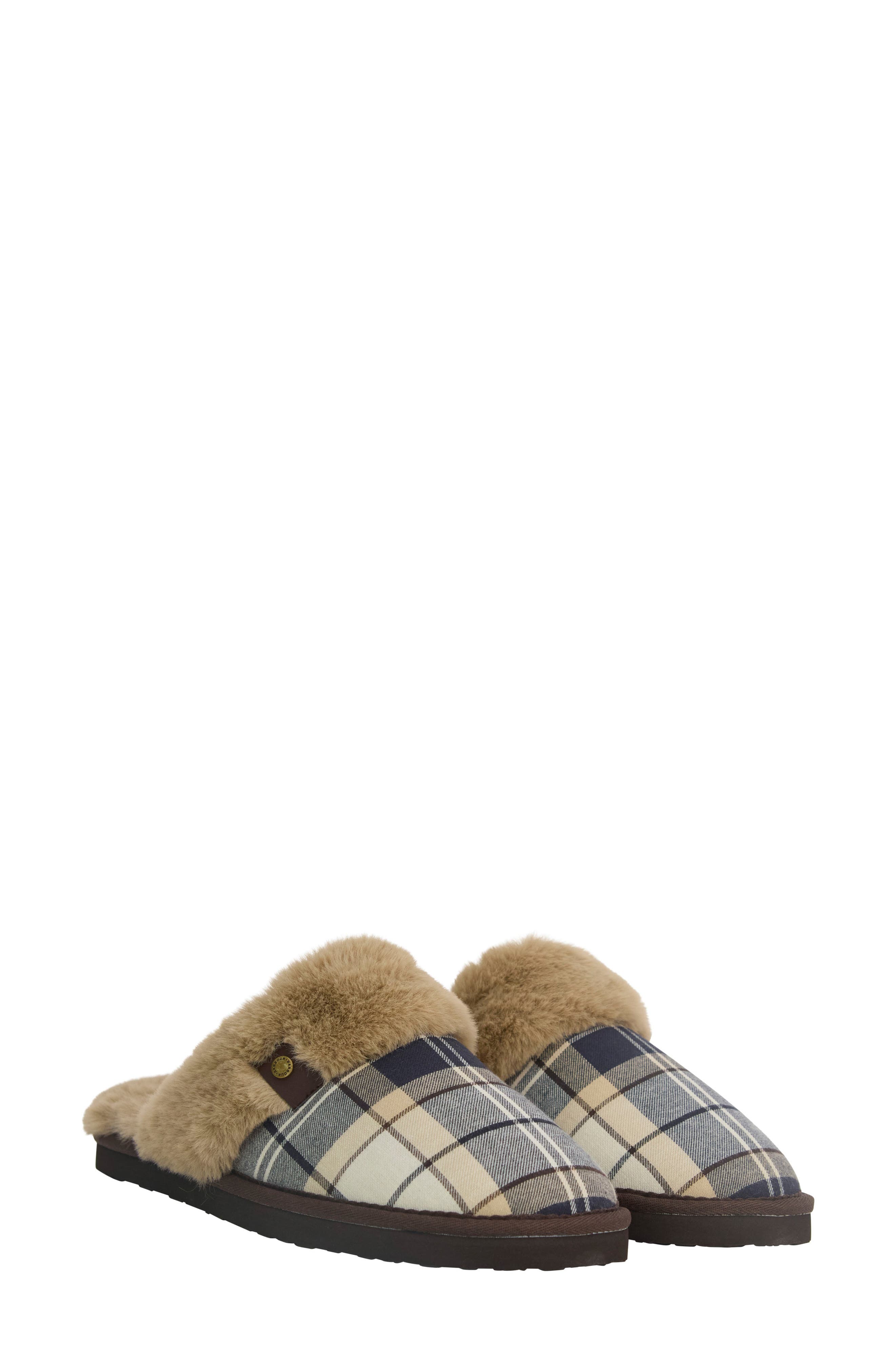 Claudia Faux Fur Lined Scuff Slipper, Main, color, LIGHT BIRCHWOOD DRESS TARTAN