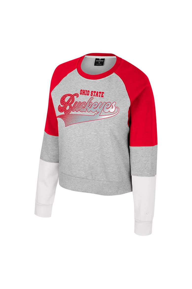 Girls Youth Colosseum Heather Gray Ohio State Buckeyes Katinka Rhinestone Pullover Sweatshirt, Alternate, color, Heather Gray