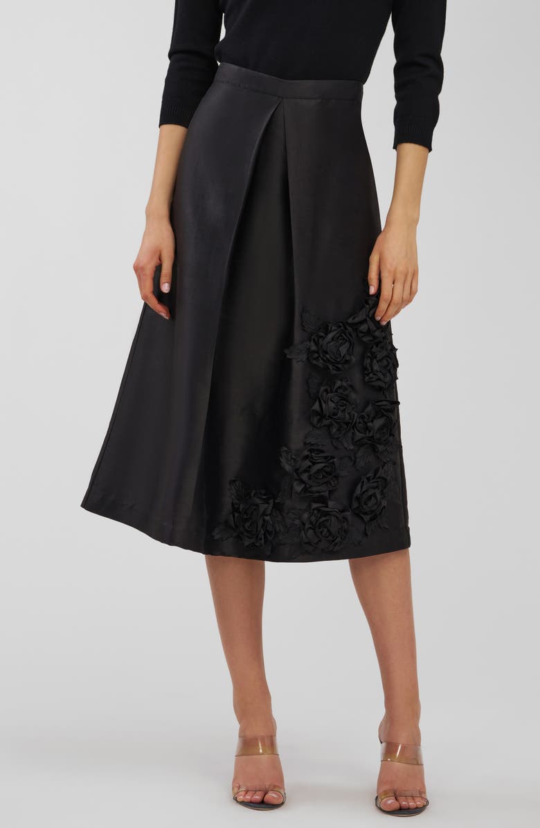 Kay Unger Logan Floral Appliqué Midi Skirt, Main, color, Black