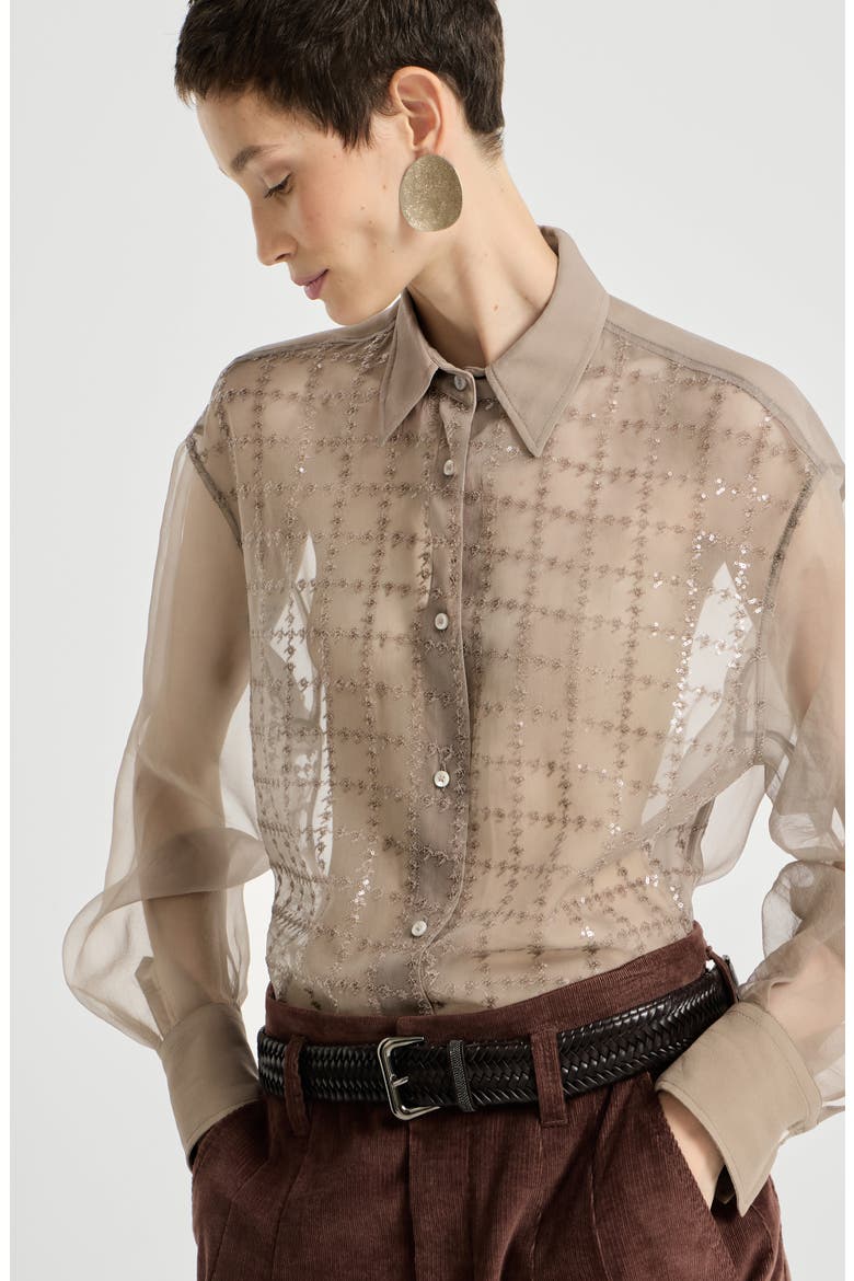Crispy silk shirt with dazzling windowpane embroidery, Alternate, color, Light Brown