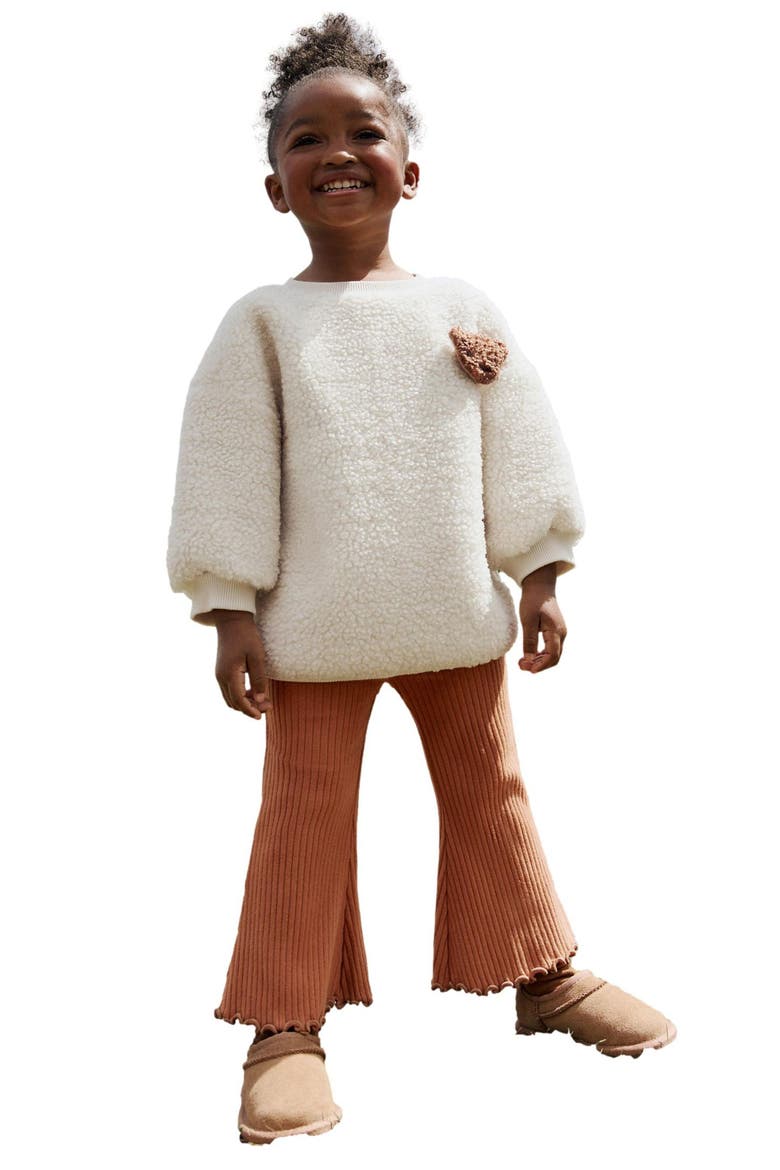 Kids' Fuzzy Fleece Sweatshirt & Rib Flare Leg Pants Set, Alternate, color, CREAM